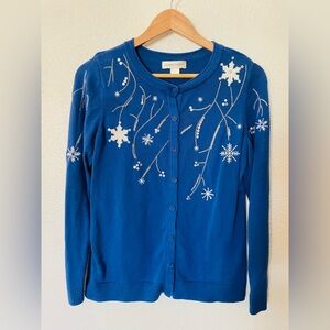 Christopher & Banks Blue Cardigan Snowflake Embroidery 100% Cotton Size Small